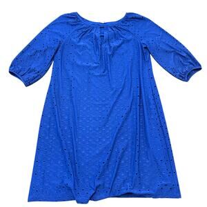 Maggy L Women’s cobalt blue eyelet stretchy dress, keyhole, 3/4 length sleeve 14